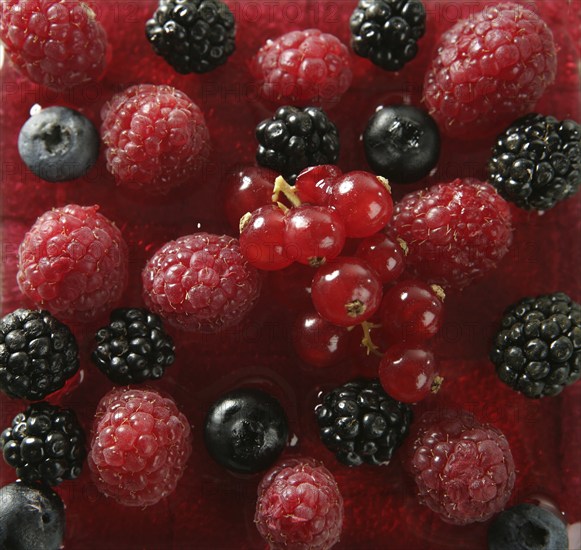 Berries, mixed dessert with strwberry syrup