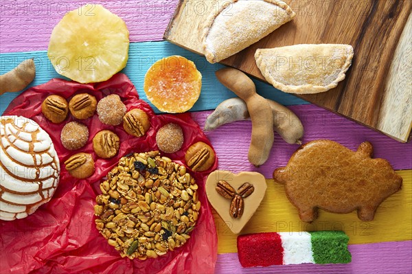 Mexican sweets and pastries cajeta tamarindo coconut flag Palanqueta puerquito