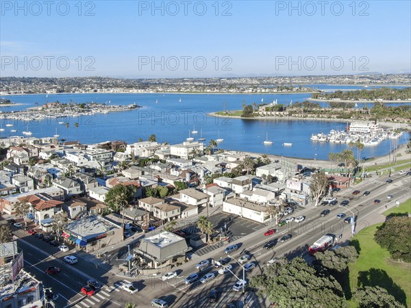 Aerial view of Mission Bay and beach in San Diego during summer, California. USA. Community built