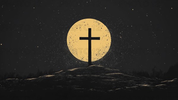 Cross silhouette with an ethereal glow of the moon and stars in a tranquil night scene, AI
