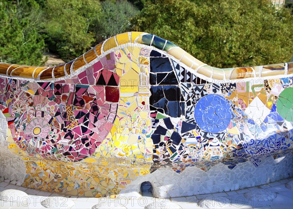 Barcelona Park Guell of Gaudi tiles mosaic serpentine bench modernism