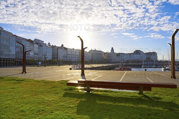 La Coruna facades near Port in Galicia of Spain
