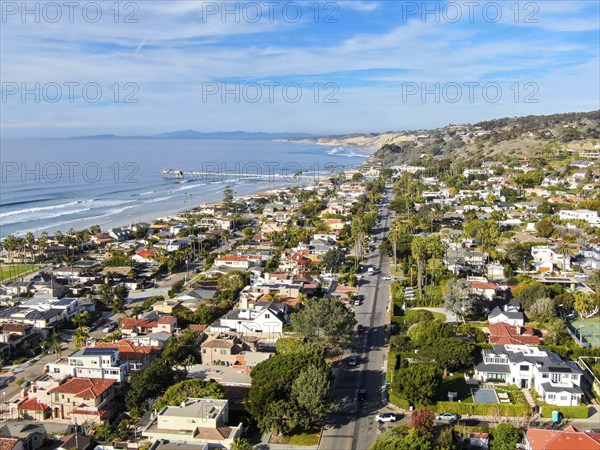 Aerial view of La Jolla Bay, San Diego, California, USA. bay with with luxury villa on the coast