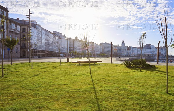 La Coruna facades near Port in Galicia of Spain