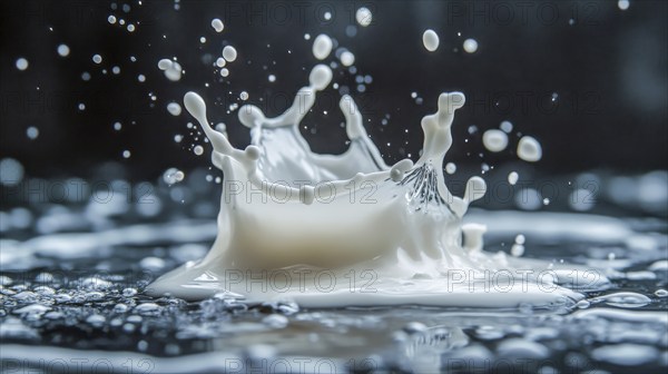 Dynamic milk splash with suspended droplets against a dark backdrop, emphasizing fluid motion, AI