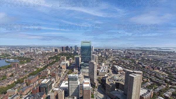 Panoramic aerial view of Boston financial district, historic center, Beacon Hill and Charles River
