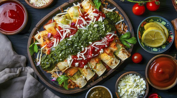 Plate of enchiladas with a side of salsa and guacamole. Wooden table with bowls of various sauces,