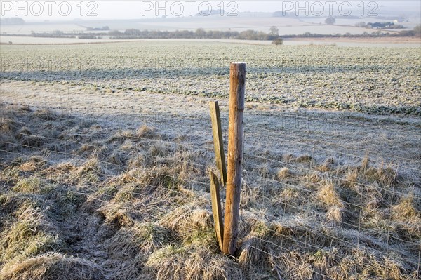 Frosty morning landscape looking south west from Windmill Hill, Avebury, Wiltshire, England, UK