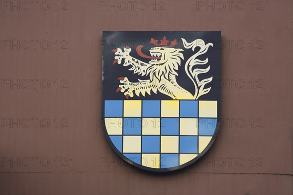 City coat of arms with lion figure and crown, district administration, Bad Kreuznach,