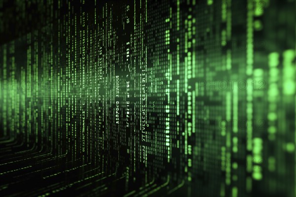 Green dynamic digital data streams, showcasing flowing lines of code in a mesmerizing pattern,