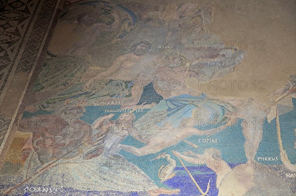 Cosmology mosaic, Casa del Mitreo Roman villa site, Merida, Extremadura, Spain, Europe