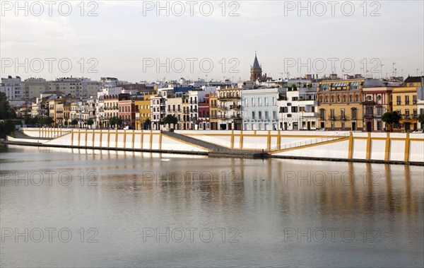 Historic houses on Calle Betis in the Triana district on the banks of the Guadalquivir river,