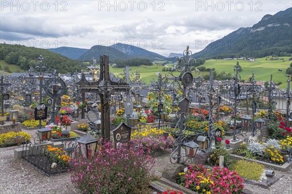 Cemetery with wrought-iron grave crosses, Castelrotto South Tyrol Italy