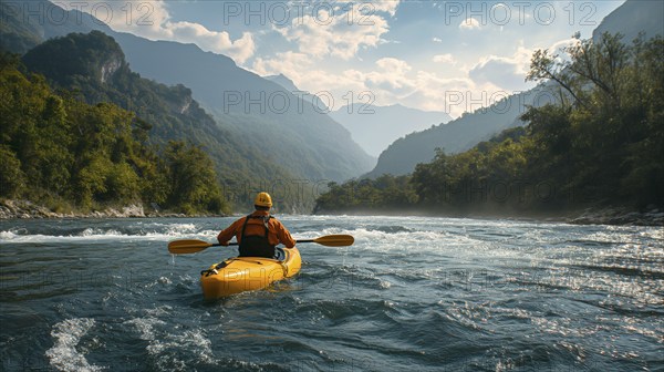 Kayaker paddling the rapids of A beautiful mountain river. generative AI, AI generated
