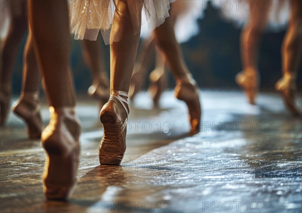 Ballet dancers and ballerinas performing ballet practice in art studio and standing in pointe