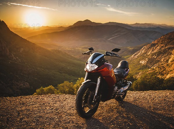 Cross-country bike trip across beautiful scenic USA landscapes. Adventure and wilderness, AI