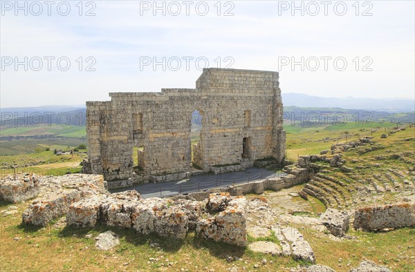 Remains of Roman theatre stage background wall and seating area, Acinipo Roman town site Ronda la