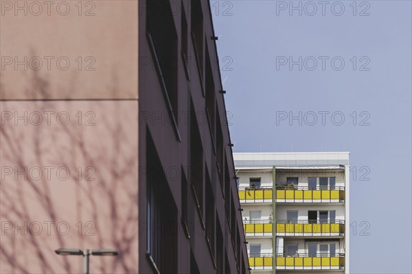 Prefabricated buildings with balcony, photographed in the Berlin district of Lichtenberg in Berlin,