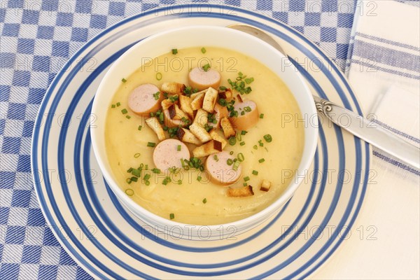 Swabian cuisine, potato soup with string sausages and pretzel croutons, hearty, savoury, typical