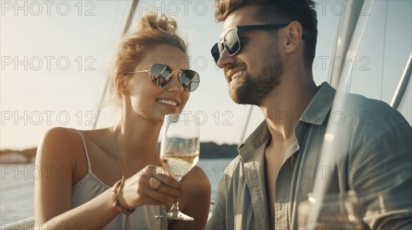 Young adult caucasian couple enjoying drinks on the deck of their yacht in the ocean, generatvie