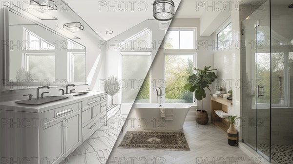 Custom bathroom upgrade interior concept drawing before and after completed construction,