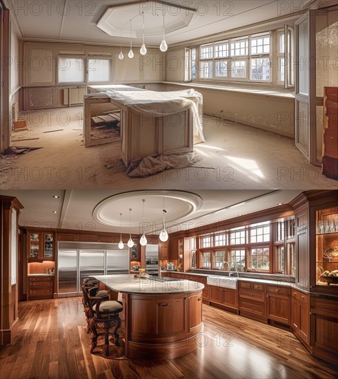 Luxurious custom kitchen upgrade interior before and after construction, generative AI, AI