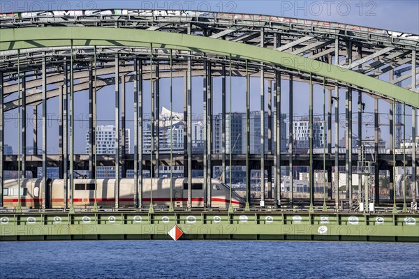 Railway Elbe bridges, at Elbbrücken station, spanning the Norderelbe, ICE train, in the background