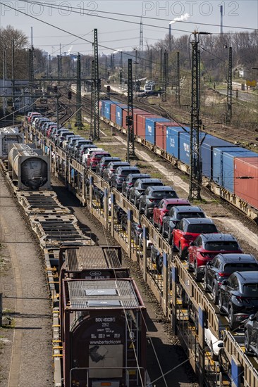 Duisburg-Rheinhausen freight station, at the Logport harbour area, goods trains loaded with new