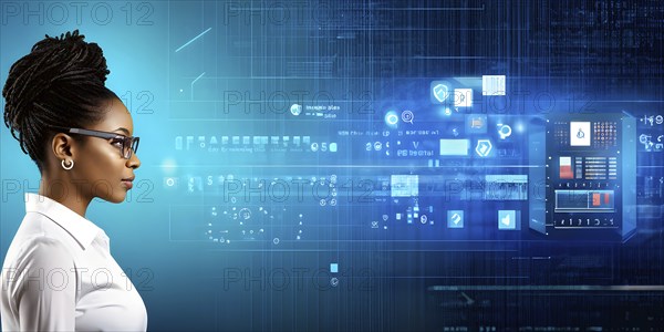 Black african american female it specialist engaged in analyzing data for cyber security, AI