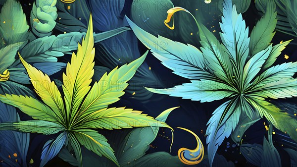 Abstract wallpaper highlighting stylized cannabis leaves in vibrant green and golden colors, AI