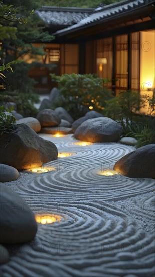 Zen garden bathed in the soft glow of dawn as a serene symbol for relaxation, AI generated