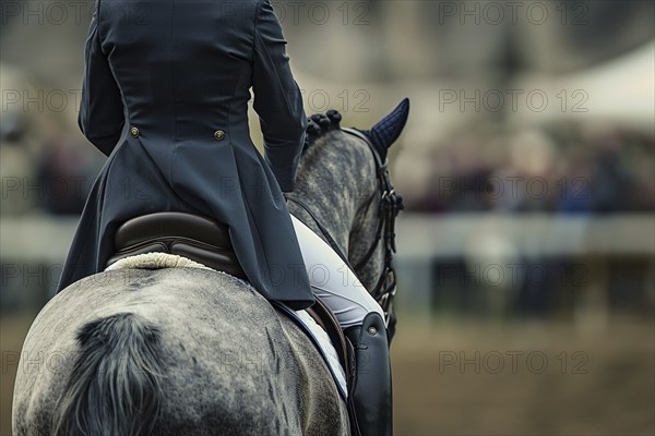 Back view of person in riding horse in dressage sports competition. Generative AI, AI generated
