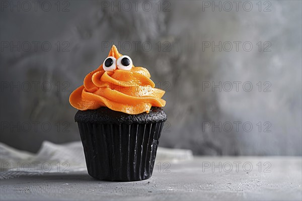 Halloween cupcake with orange colored frosting and funny monster eyes. Generative Ai, AI generated