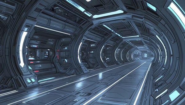 Three dimensional render of futuristic corridor inside a spaceship or space station, AI generated