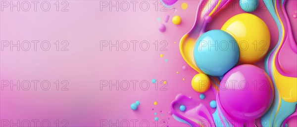 Abstract image with colorful yellow and turquoise blobs and liquid shapes on a pink background, AI