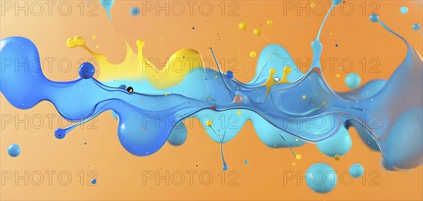 Abstract wallpaper with colorful turquoise and yellow blobs and liquid shapes on a orange