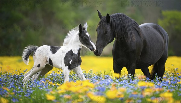 A black stallion and a foal, studio, AI generated