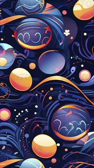 A whimsical abstract pattern with intertwined ribbons, eggs, and floral motifs, with a mix of sharp