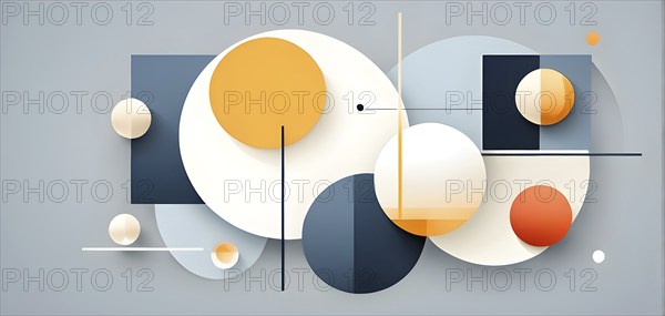 Minimalist composition of overlapping geometric shapes, such as circles, squares, and triangles,