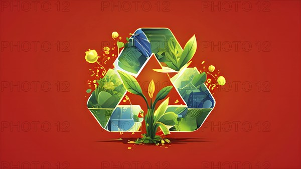 Recycling symbol morphing into growing plants and solar cells to symbolize the transformation of