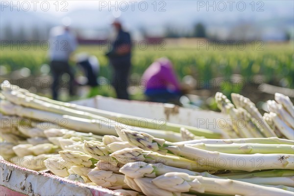 Box with white asparagus vegetables with blurry agricultural field with workers at harvest in