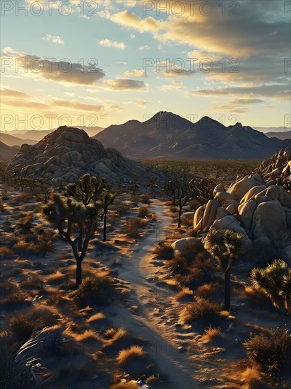 Mojave desert with joshua trees sprinkled in a sunrise, AI generated