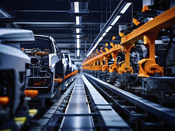 AI generated automotive assembly line in car manufacturing progression with automated machines