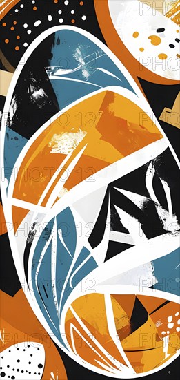 Illustration of an abstract Easter egg design with geometric patterns, bold colors, and a mix of
