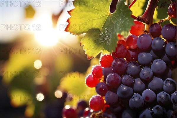 Harvest ready grape bunches with water droplets sparkling in the sunlight, AI generated