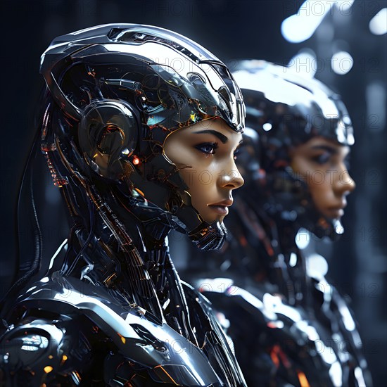 Advanced humanoid robot heads illustrating future robot concepts, AI generated