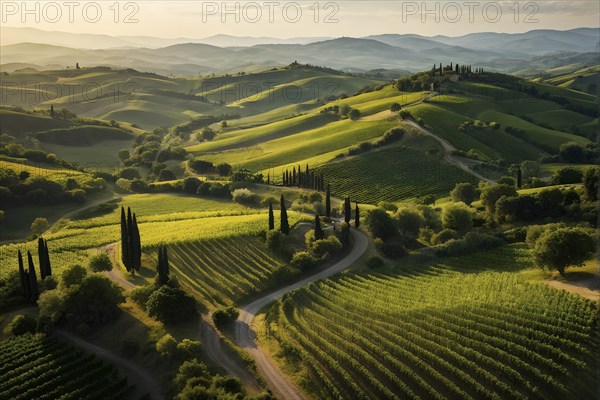 Aerial view of winding vineyard rows snake through rolling hills under atmospheric-summer sun, AI