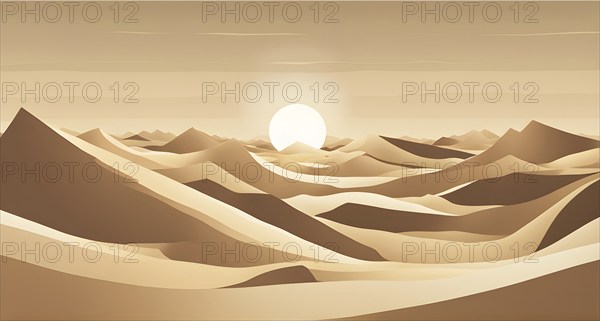 Abstract desert scene with triangular sand dunes and a single circular sun, using sharp lines and