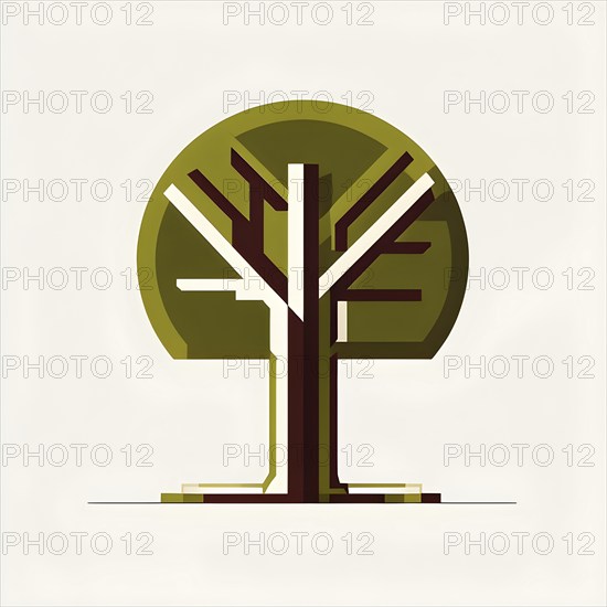 Abstract geometric tree with a circular canopy and a rectangular trunk, arranged in a clean,