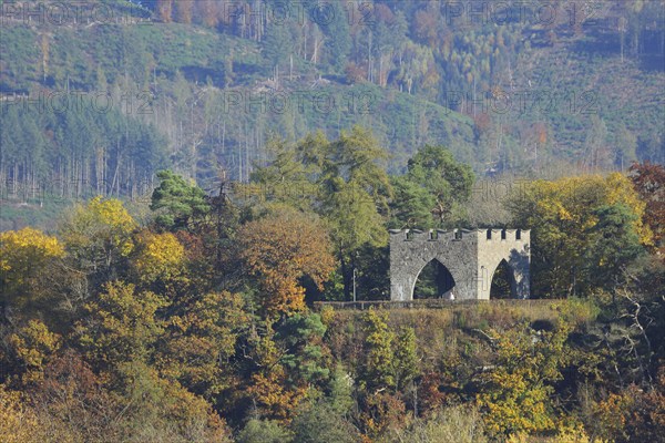 View of memorial with autumn atmosphere, spa garden, Bad Laasphe, Rothaargebirge, North